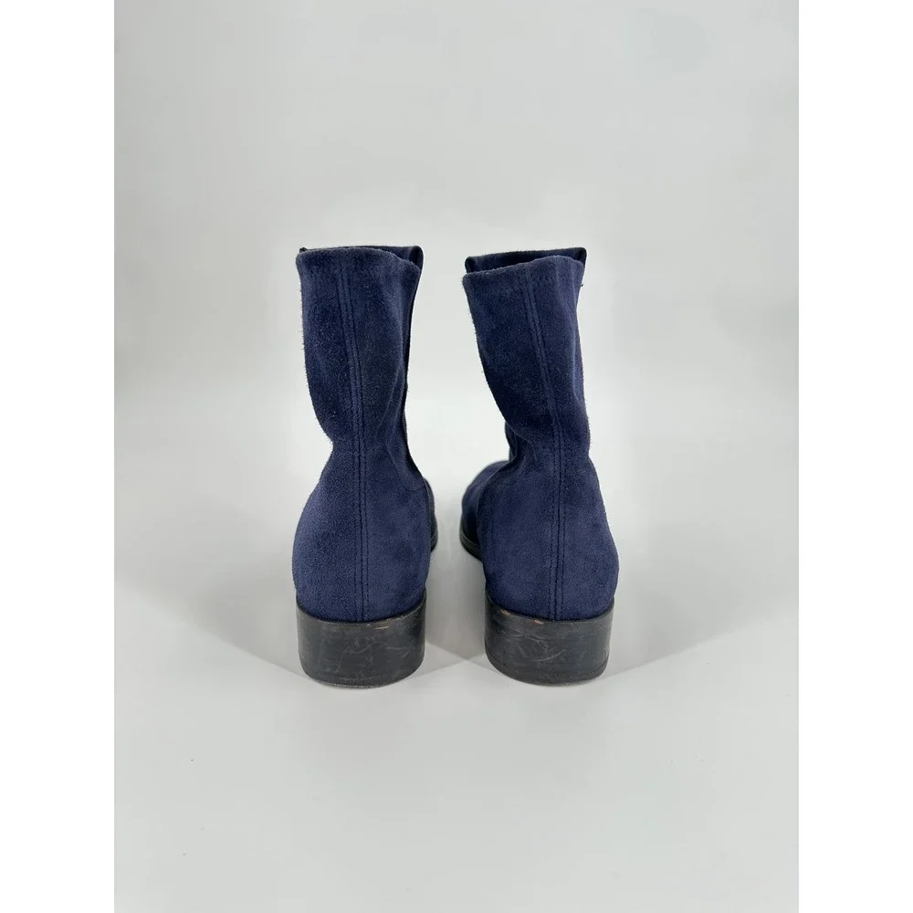 Stuart Weitzman 5050 Navy Blue Suede Ankle Boots 10M Low Block Heel Made Spain